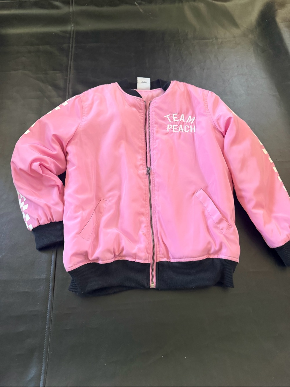 Forever 21 Pink 'Team Peach' Kids Bomber Jacket with Black Trim